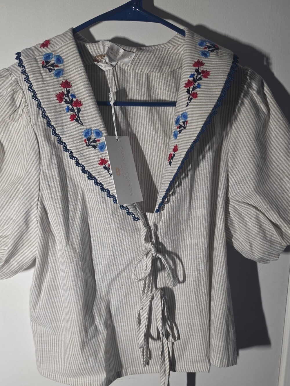 Caroline Constas Embroidered Cream Blouse with Navy Trim - Picture 2 of 6